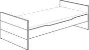 Kojenbett in seitlicher Perspektive mit erhöhtem Kopf- und Fußteil, einfache Linienführung.