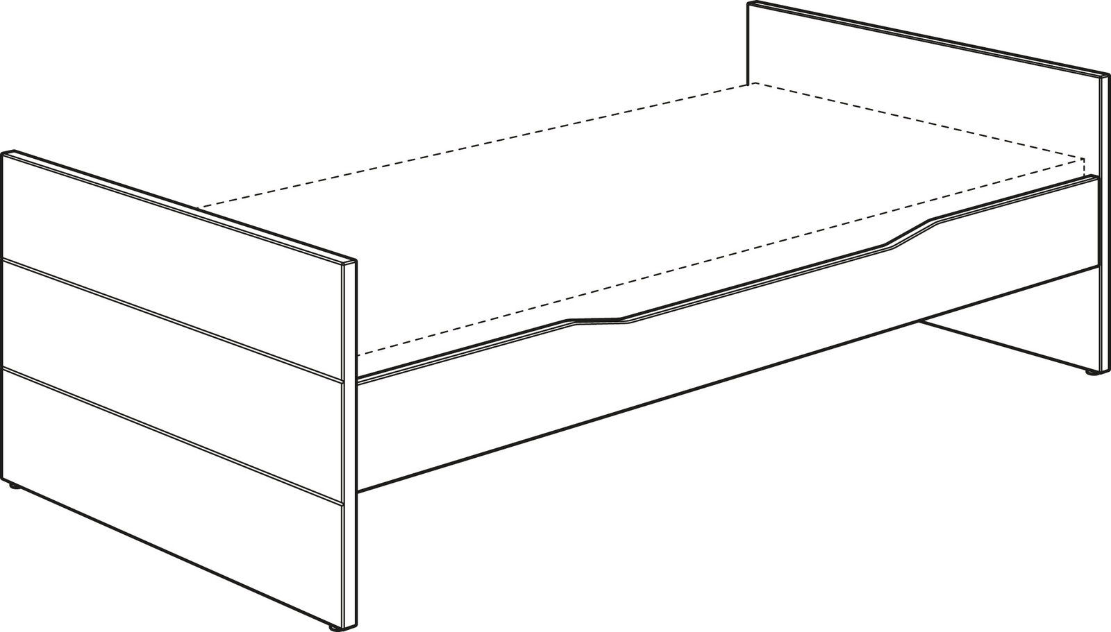 Kojenbett in seitlicher Perspektive mit erhöhtem Kopf- und Fußteil, einfache Linienführung.