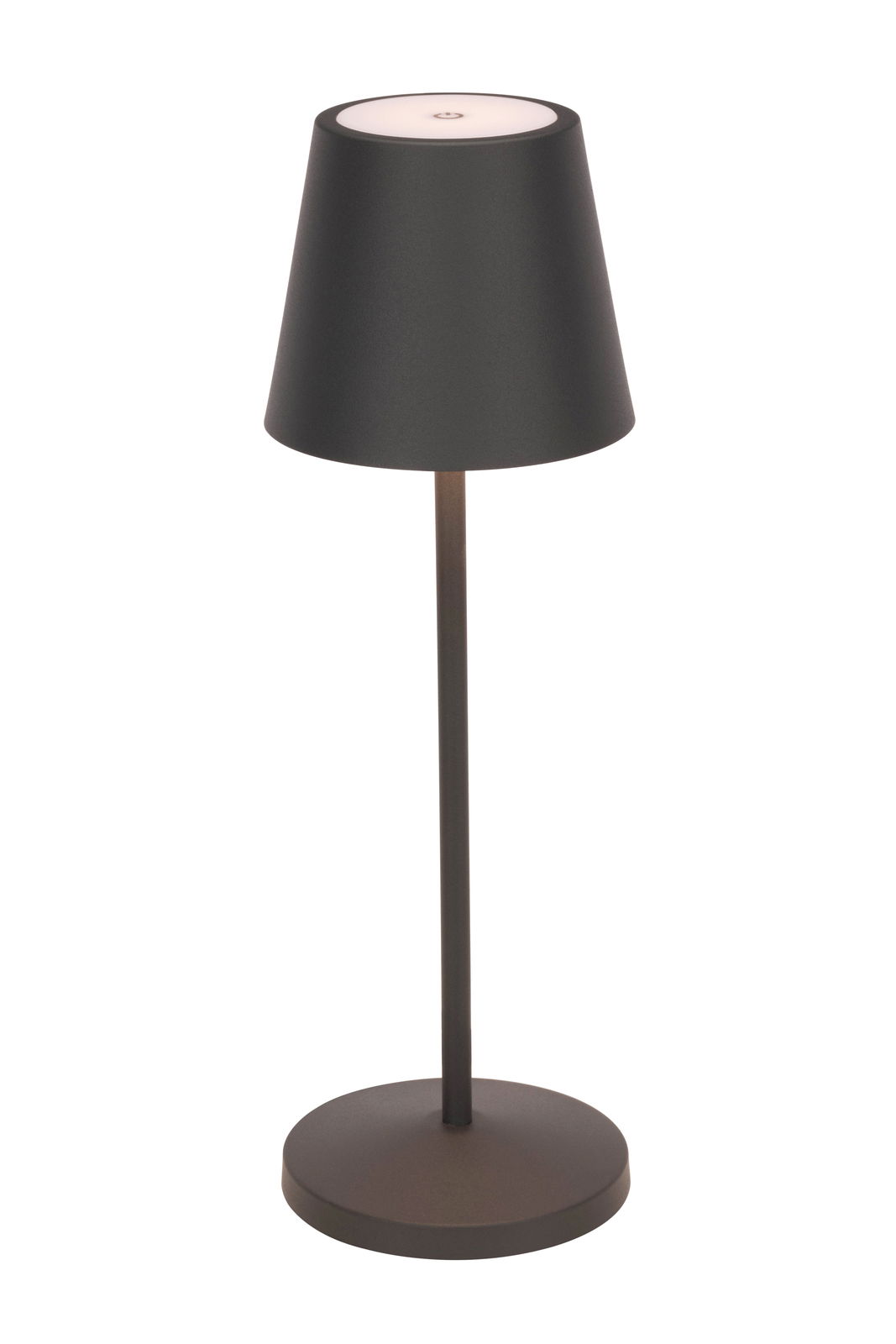 Schwarze Akku-Tischleuchte mit konischem Schirm, seitliche Perspektive