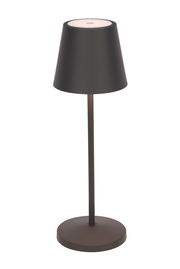 Schwarze Akku-Tischleuchte mit konischem Schirm, seitliche Perspektive