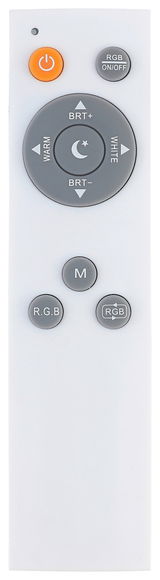 Fernbedienung für LED-Deckenleuchte Riku, Vorderansicht mit verschiedenen Steuerungstasten für Helligkeit und Farbwechsel.