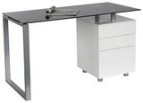Moderner Schreibtisch mit Glasplatte und weißem Schubladenschrank, seitliche Perspektive