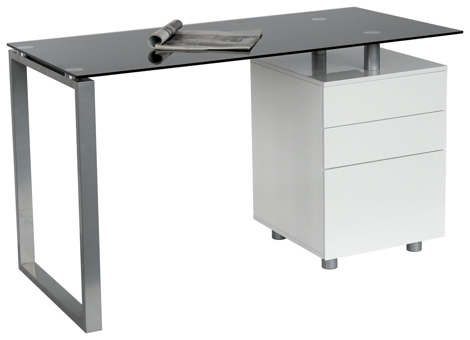 XORA Schreibtisch HOLGER Moderner Schreibtisch mit Glasplatte und weißem Schubladenschrank, seitliche Perspektive