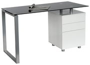 Moderner Schreibtisch mit Glasplatte und weißem Schubladenschrank, seitliche Perspektive