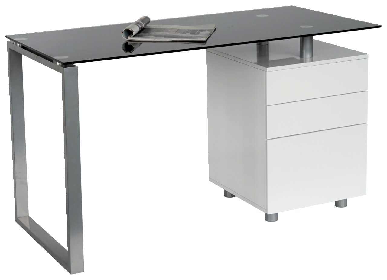 XORA Schreibtisch HOLGER Moderner Schreibtisch mit Glasplatte und weißem Schubladenschrank, seitliche Perspektive