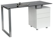 Moderner Schreibtisch mit Glasplatte und weißem Schubladenschrank, seitliche Perspektive