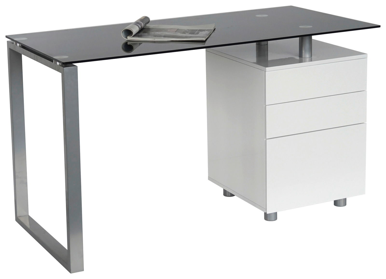 Moderner Schreibtisch mit Glasplatte und weißem Schubladenschrank, seitliche Perspektive