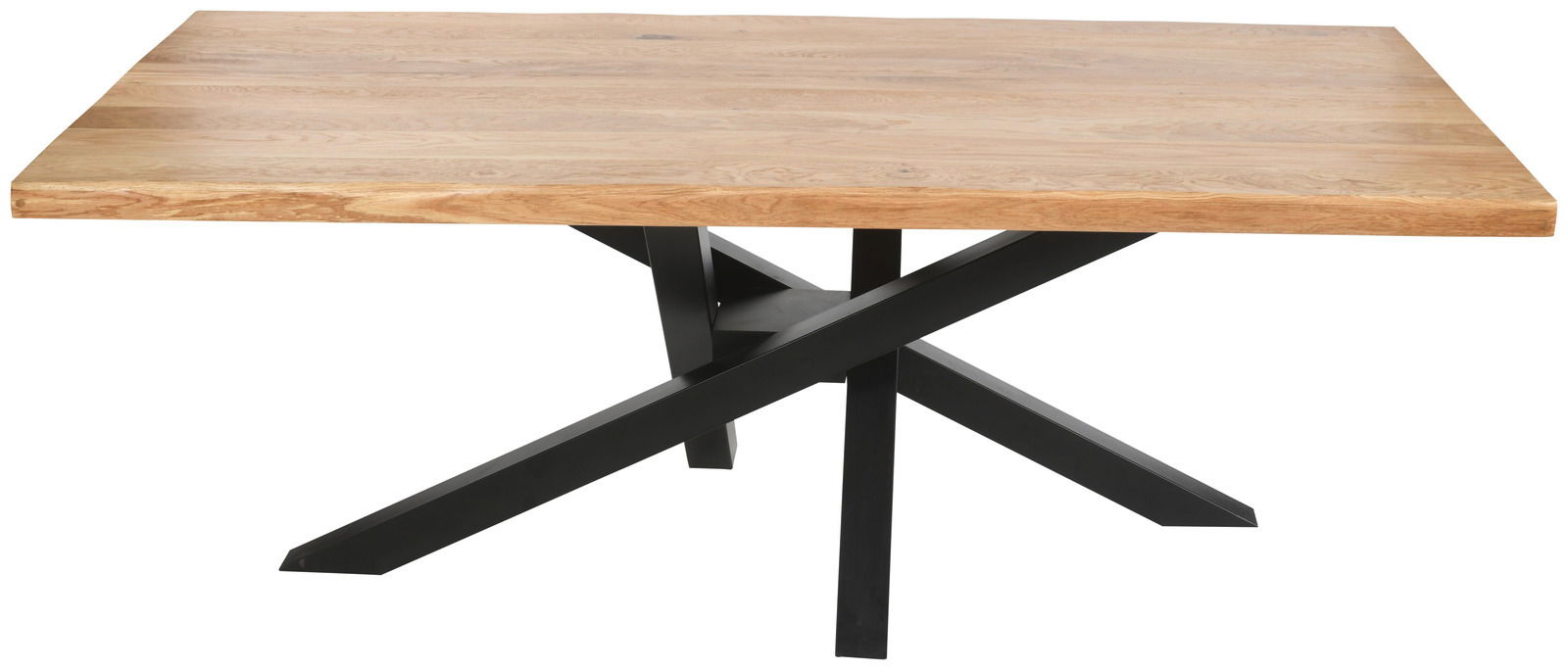 Moderner Esstisch mit Holzplatte und schwarzem Metallgestell, seitliche Perspektive