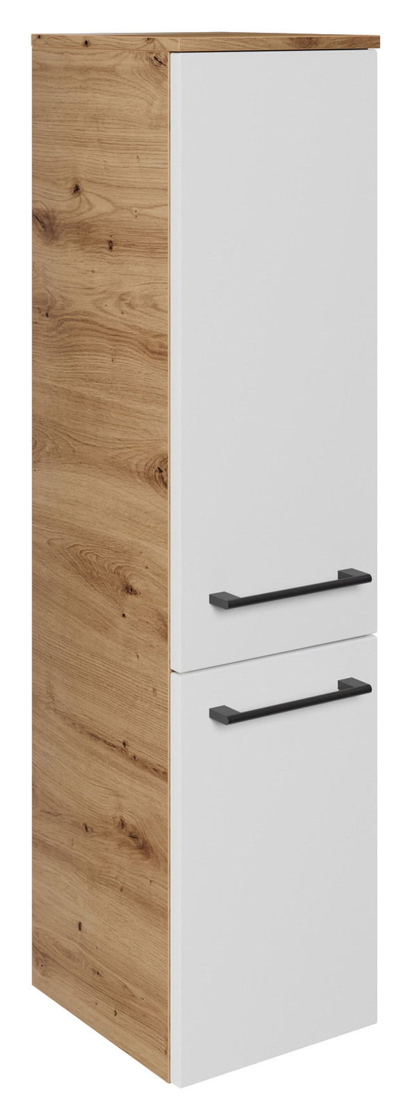 Midischrank in Holzoptik mit weißen Fronten und schwarzen Griffen, seitliche Perspektive