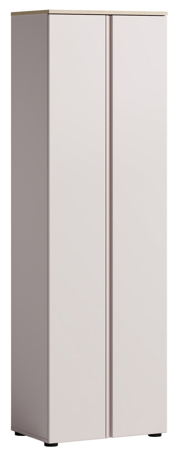 Moderner Garderobenschrank in hellem Holzdesign, frontal abgebildet.