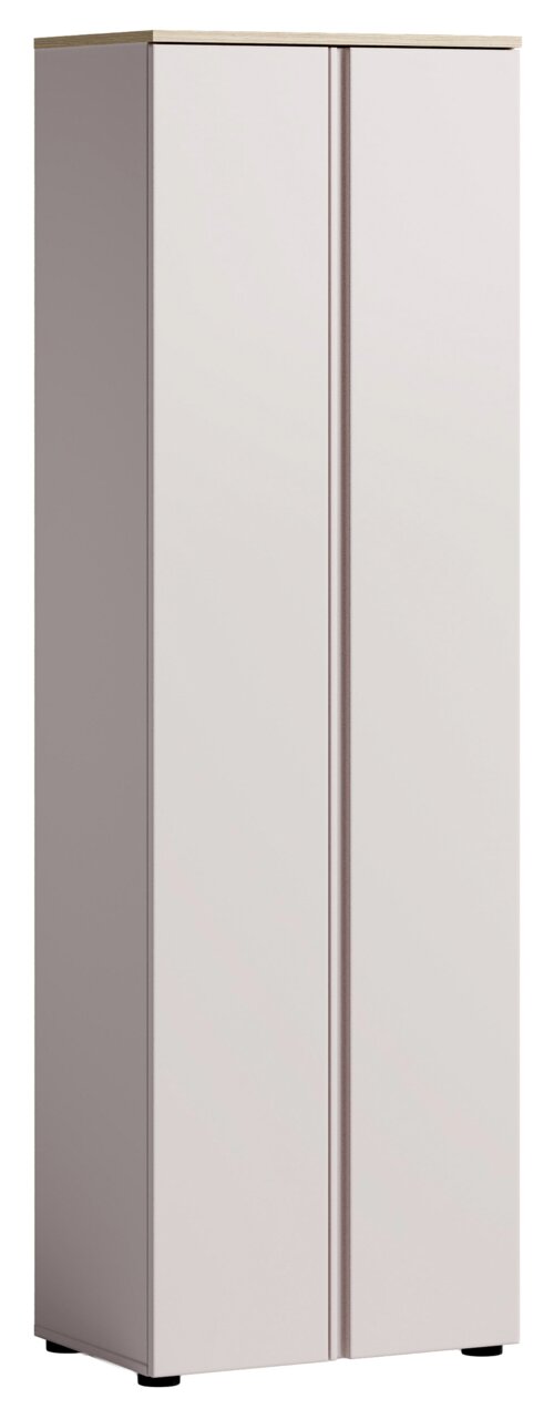 Moderner Garderobenschrank in hellem Holzdesign, frontal abgebildet.