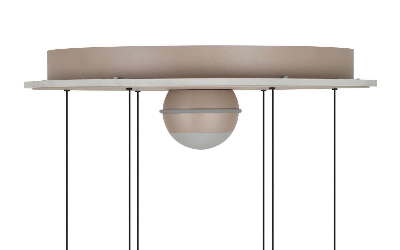 Moderne LED-Pendelleuchte in seitlicher Perspektive mit kugelförmigem Design und schwarzer Aufhängung.