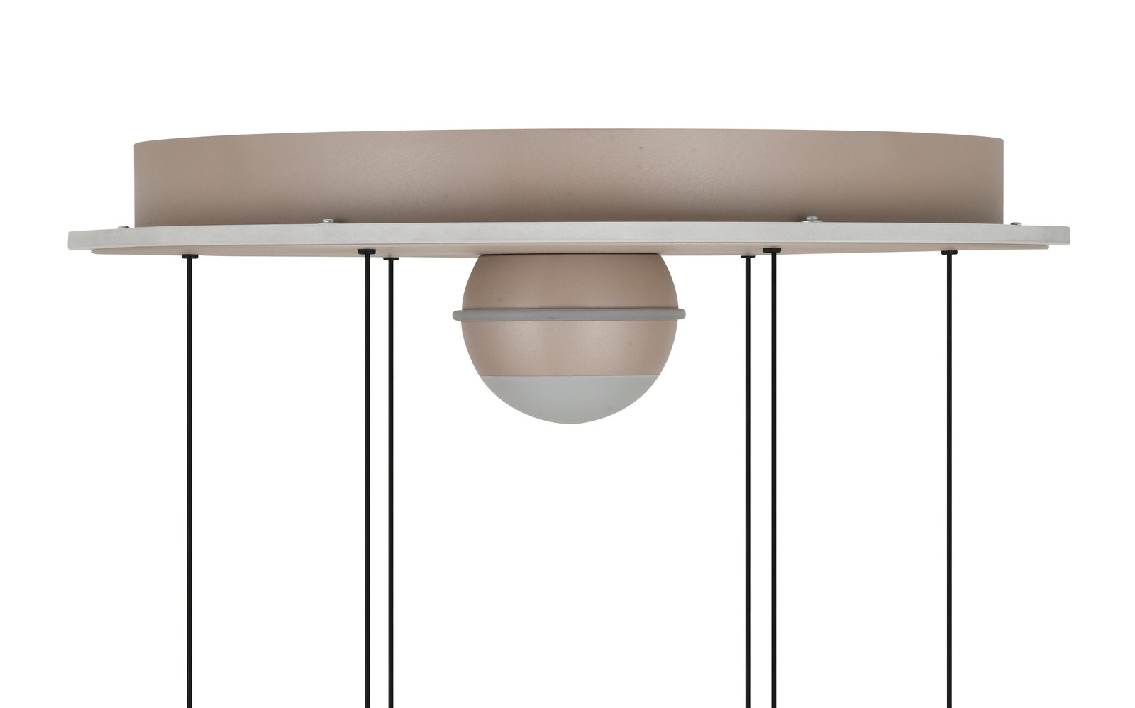 Moderne LED-Pendelleuchte in seitlicher Perspektive mit kugelförmigem Design und schwarzer Aufhängung.