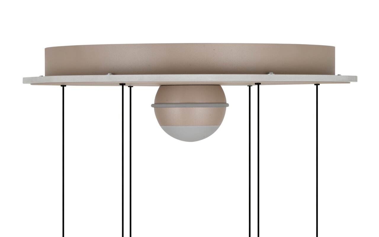 Moderne LED-hanglamp in zijaanzicht, met een bolvormig ontwerp en een zwarte ophanging.