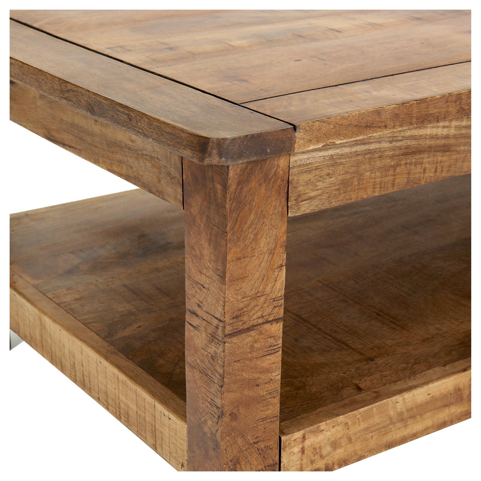 Z2 Salontafel BARNEY Close-up van een rustieke houten salontafel met zichtbare nerf, zijaanzicht