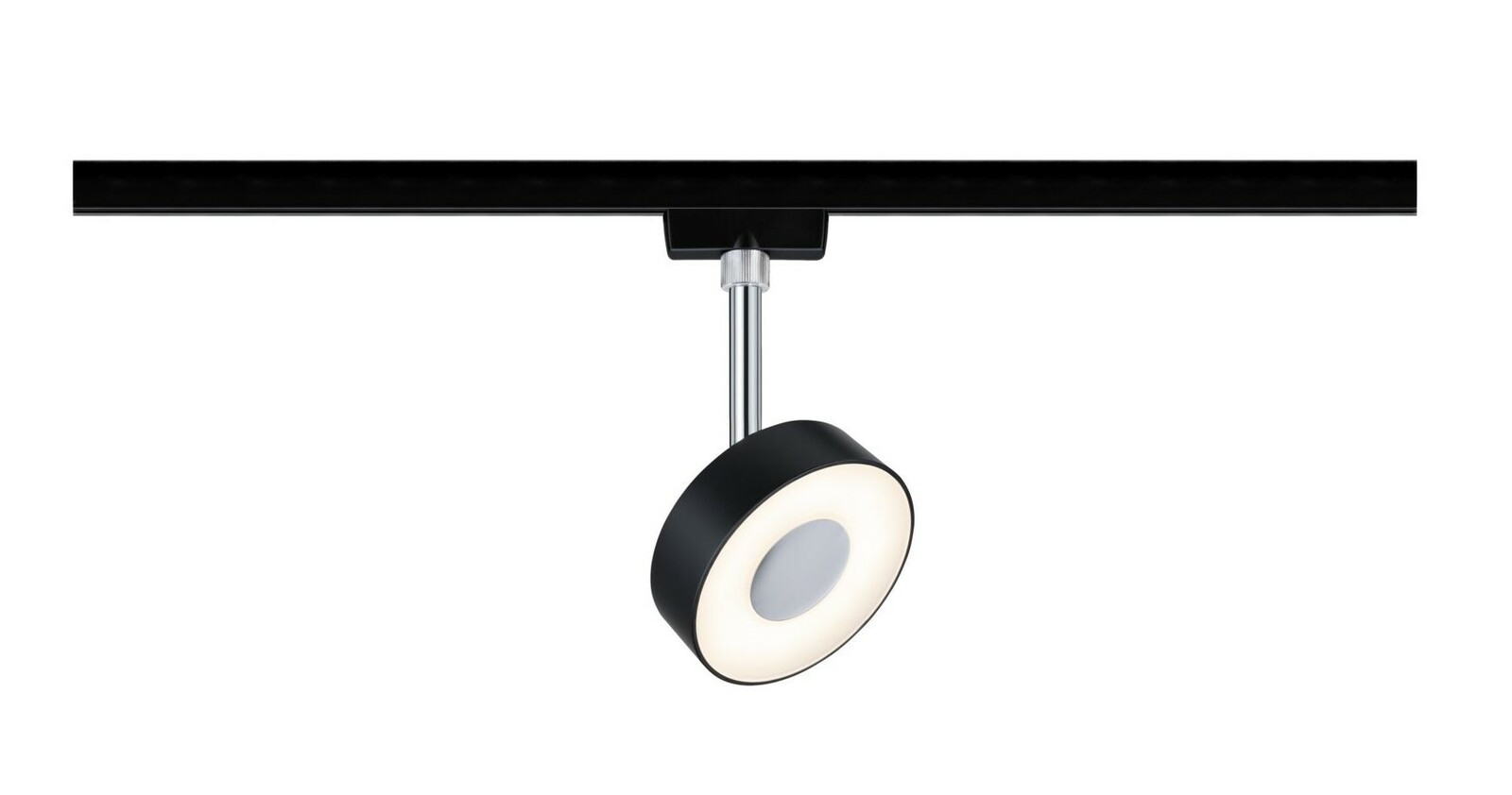 Schwarzer Schienenspot Circle mit rundem Leuchtkopf, seitliche Perspektive