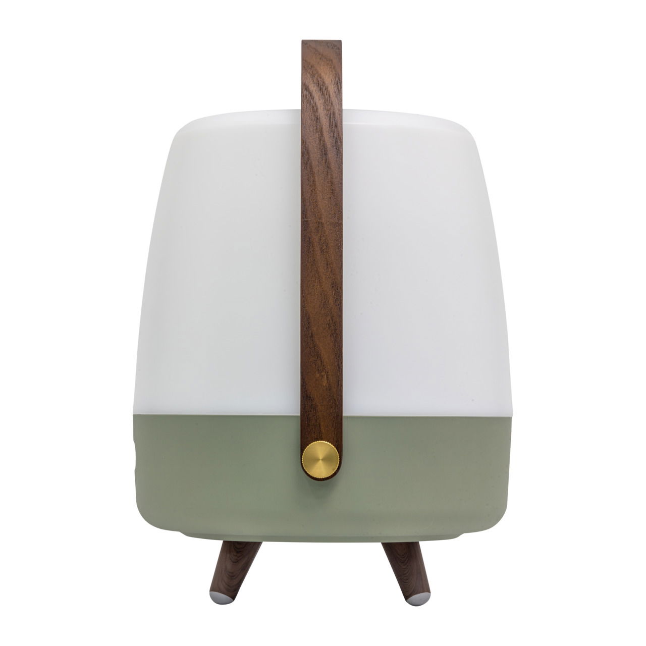 Frontansicht einer modernen tragbaren Lampe mit Holzgriff und zweifarbigem Design in Weiß und Petrol.