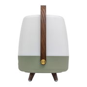 Frontansicht einer modernen tragbaren Lampe mit Holzgriff und zweifarbigem Design in Weiß und Petrol.