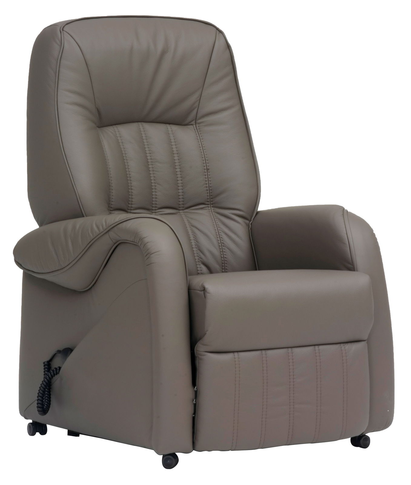 Bequemer brauner Fernsehsessel aus Leder mit verstellbarer Rückenlehne und Fußstütze, seitliche Perspektive