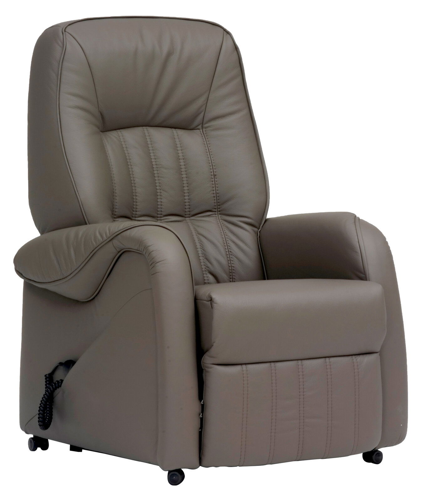 Bequemer brauner Fernsehsessel aus Leder mit verstellbarer Rückenlehne und Fußstütze, seitliche Perspektive