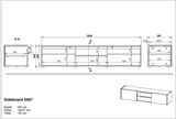Technische Zeichnung eines Lowboards mit den Maßen 164 cm Breite, 35/37 cm Höhe und 40 cm Tiefe. Frontale und seitliche Ansichten sind dargestellt.