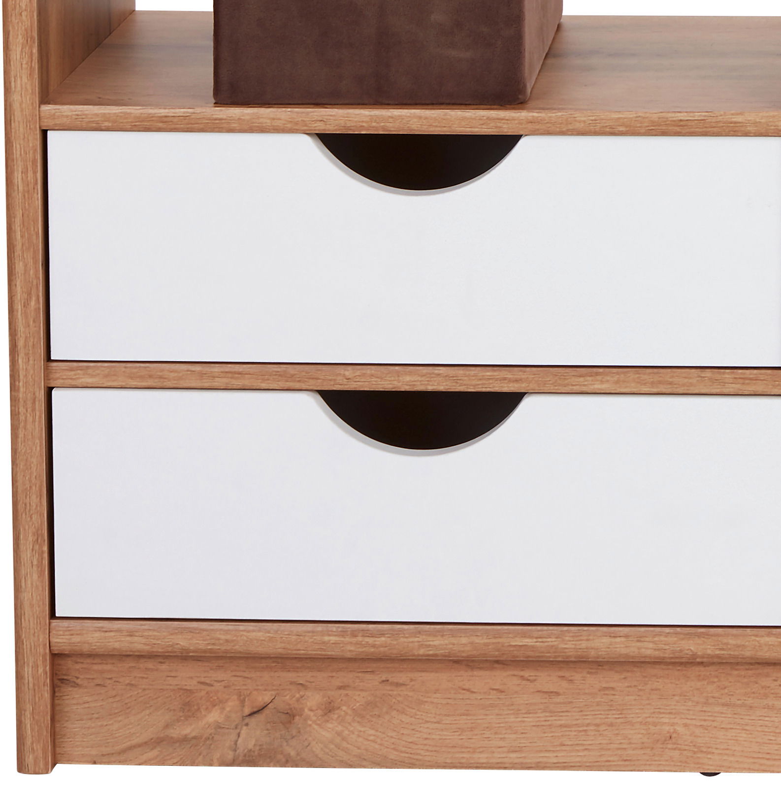 Z2 Raumteiler / Regal MEGGY Nahaufnahme eines Raumteilers oder Regals mit zwei weißen Schubladen und einem braunen Fach, aus Holz gefertigt.