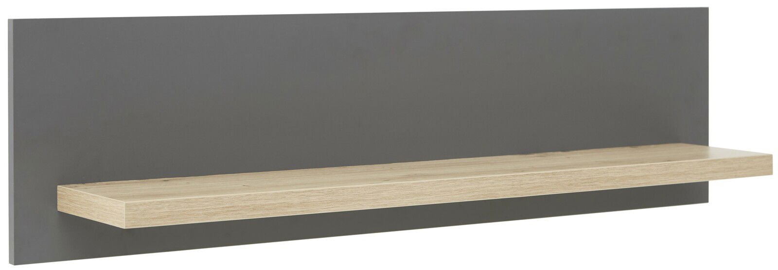 Wandboard mit grauer Rückwand und Holzablage, seitliche Perspektive