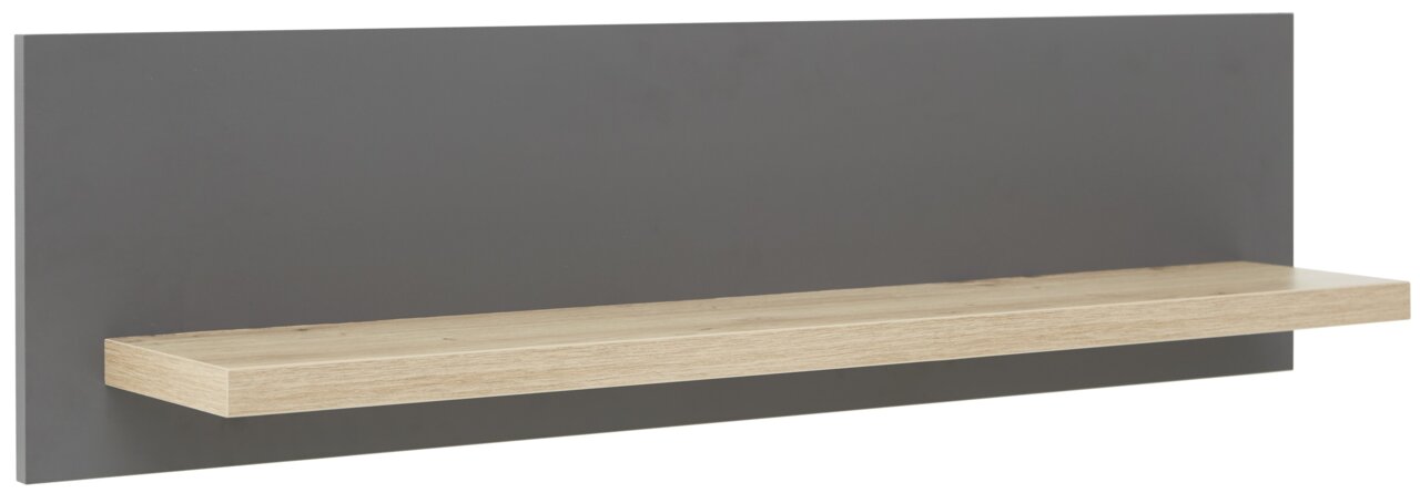 Wandboard mit grauer Rückwand und Holzablage, seitliche Perspektive