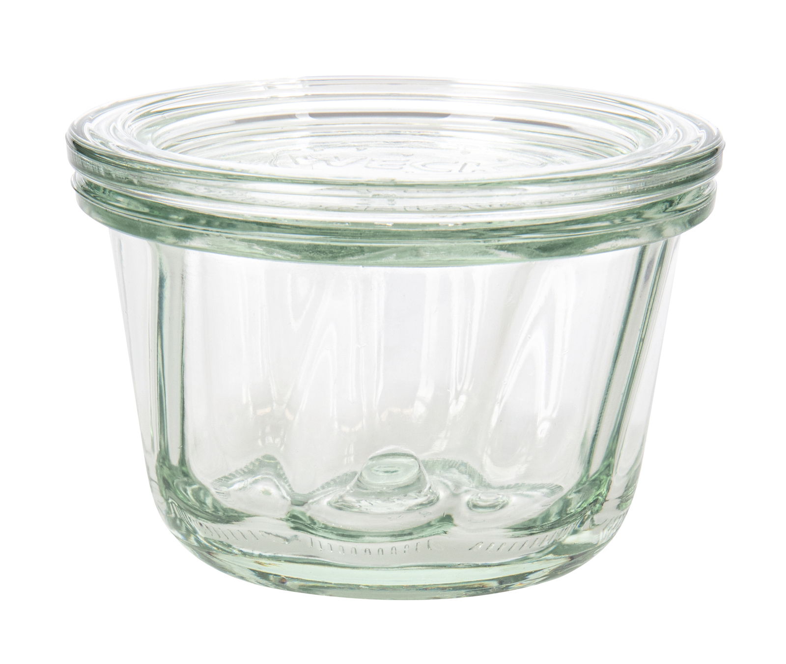 Transparenter Gugelhupf-Glasbehälter mit Deckel, seitliche Perspektive