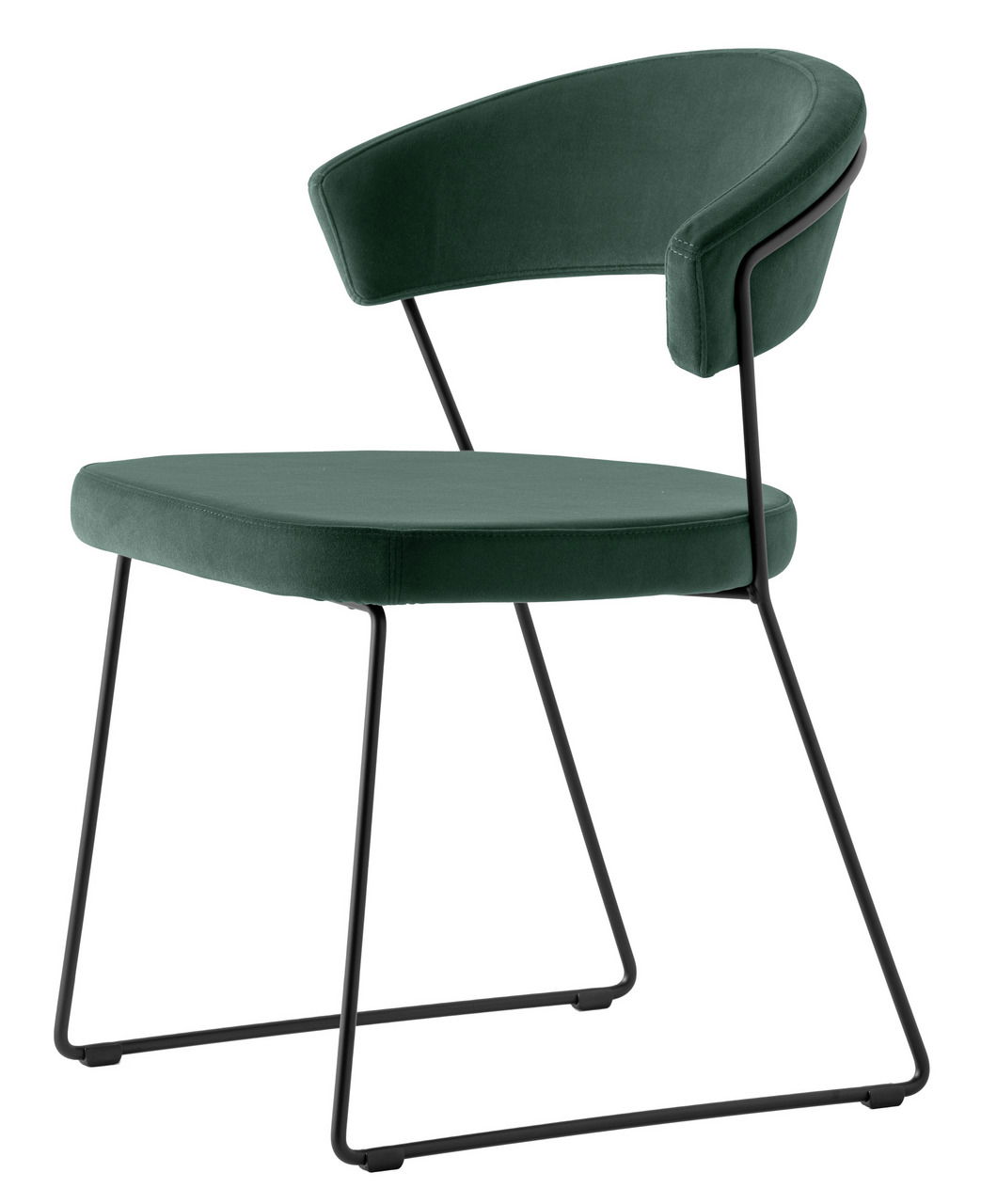 Moderner Stuhl mit grünem Samtbezug und schwarzem Metallgestell, seitliche Perspektive