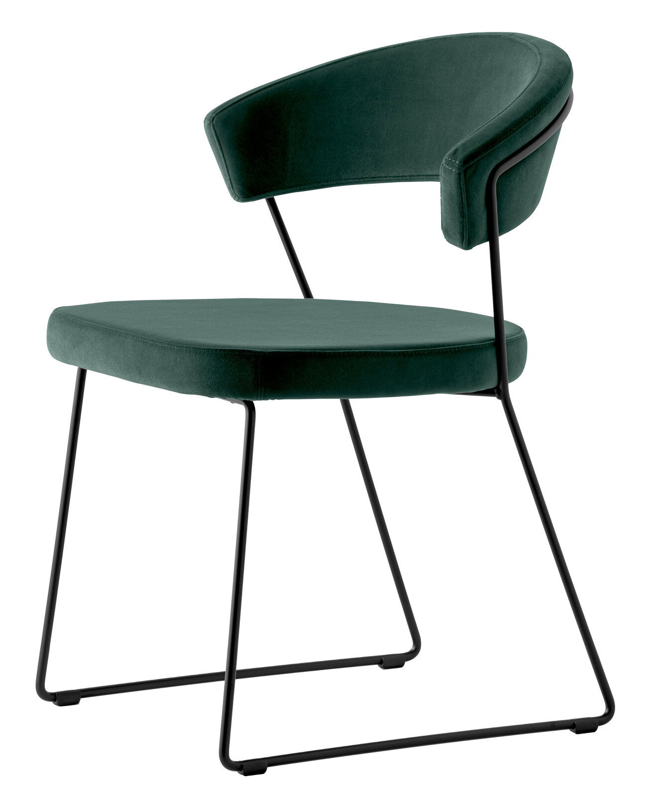 Moderner Stuhl mit grünem Samtbezug und schwarzem Metallgestell, seitliche Perspektive