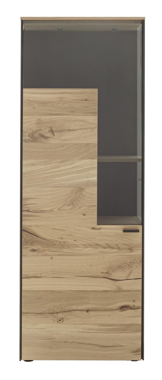 Vooraanzicht van een modern hoogkast met houtlook en glazen elementen.