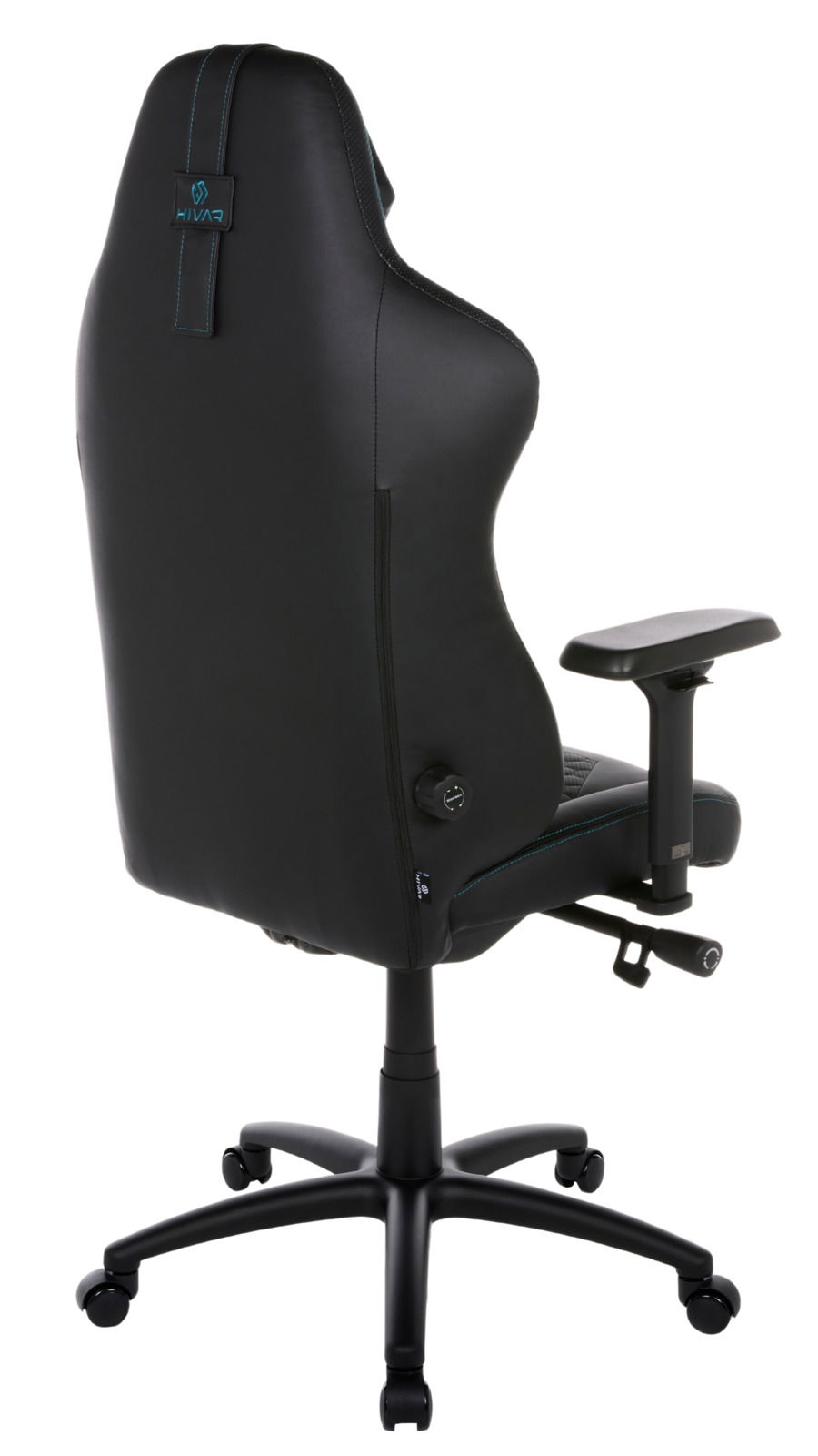 Rückansicht eines schwarzen Gaming-Stuhls mit verstellbaren Armlehnen und stabiler Basis auf Rollen.