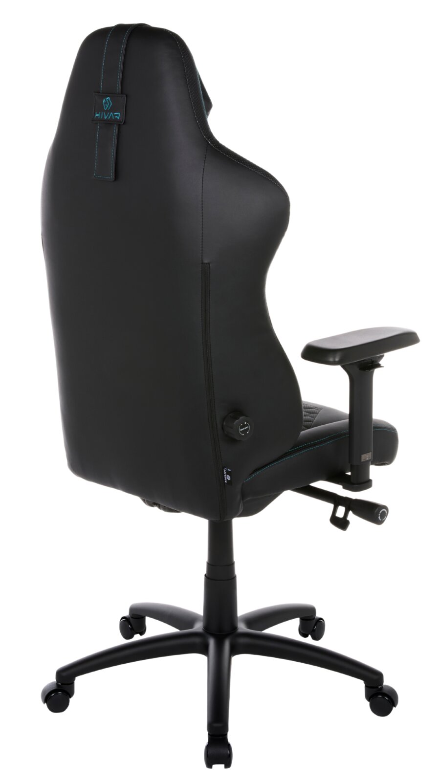 Rückansicht eines schwarzen Gaming-Stuhls mit verstellbaren Armlehnen und stabiler Basis auf Rollen.