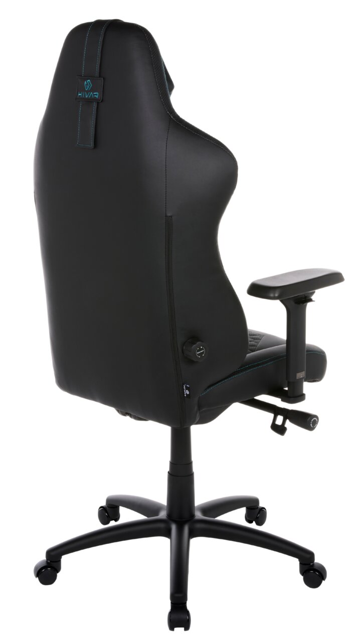 Rückansicht eines schwarzen Gaming-Stuhls mit verstellbaren Armlehnen und stabiler Basis auf Rollen.