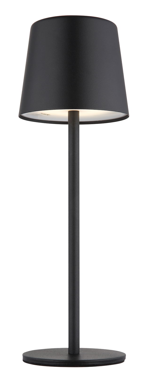 Moderne schwarze Tischleuchte mit zylindrischem Lampenschirm, seitliche Perspektive