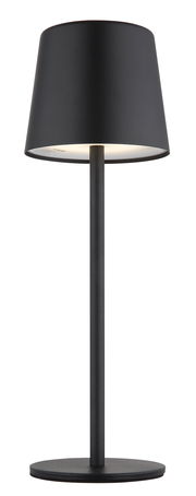 Moderne schwarze Tischleuchte mit zylindrischem Lampenschirm, seitliche Perspektive