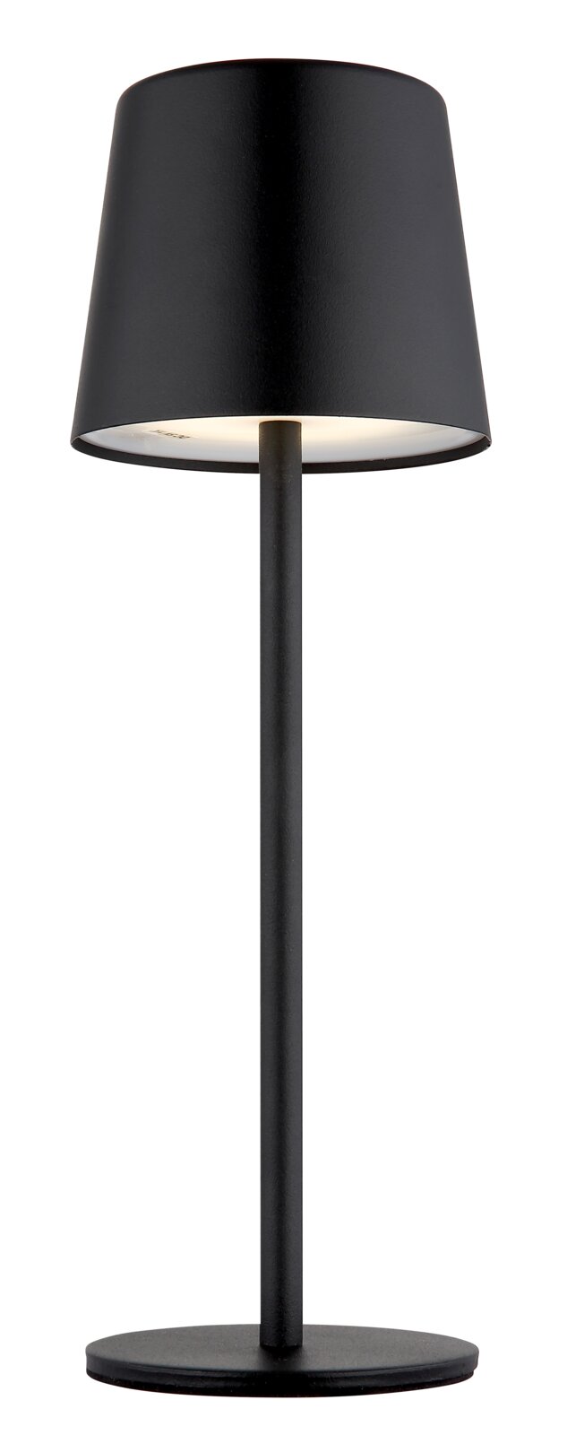 Moderne schwarze Tischleuchte mit zylindrischem Lampenschirm, seitliche Perspektive