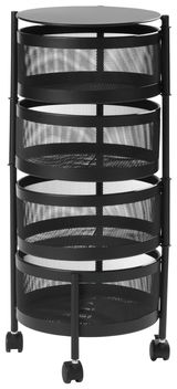 Schwarzer Allzweckwagen mit vier runden Ablagefächern aus Metallgitter, auf Rollen, seitliche Perspektive