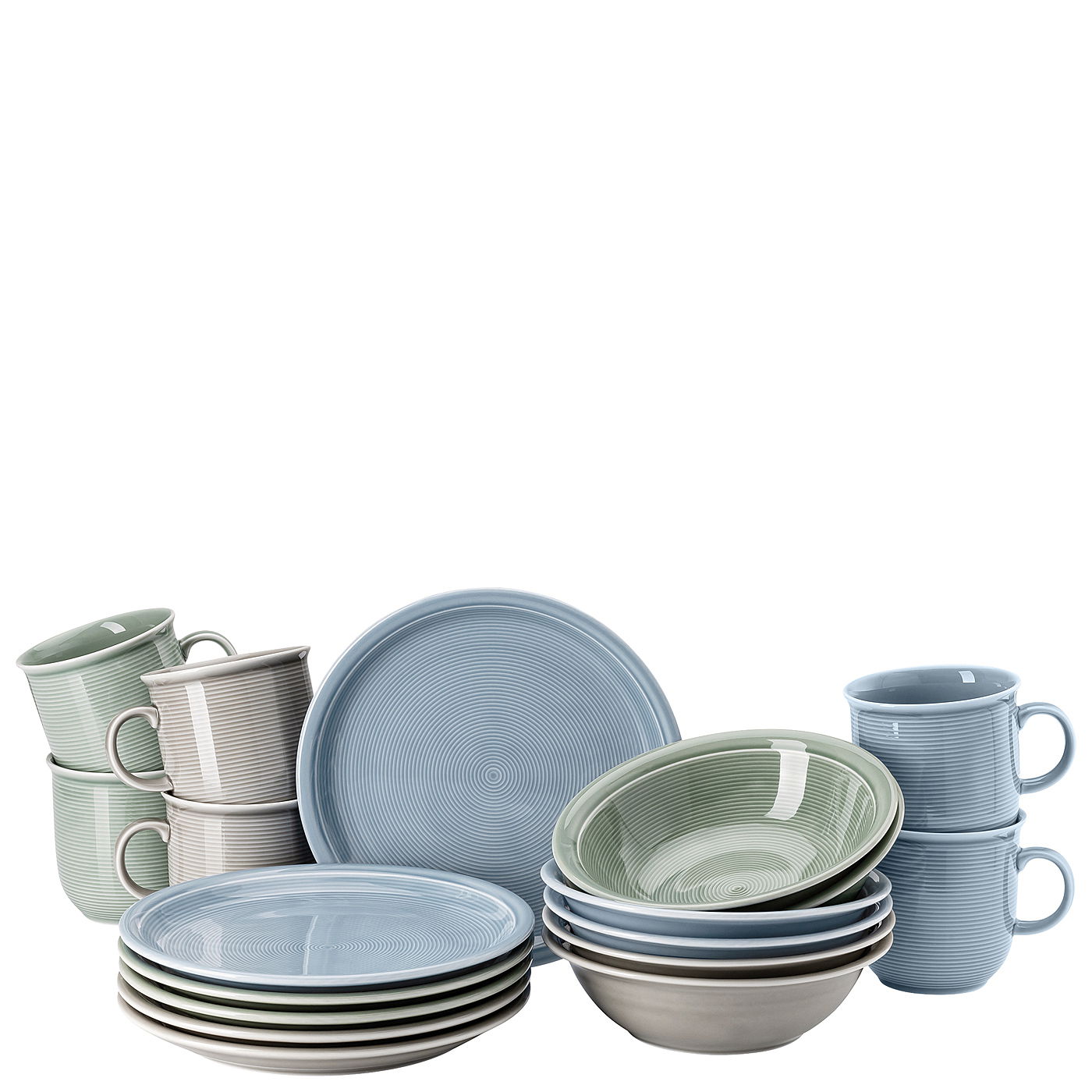 Thomas Frühstücksset 18-tlg. TREND COLOUR Frühstücksset 18-tlg. in verschiedenen Pastellfarben, bestehend aus Tellern, Schalen und Tassen, aus seitlicher Perspektive fotografiert.