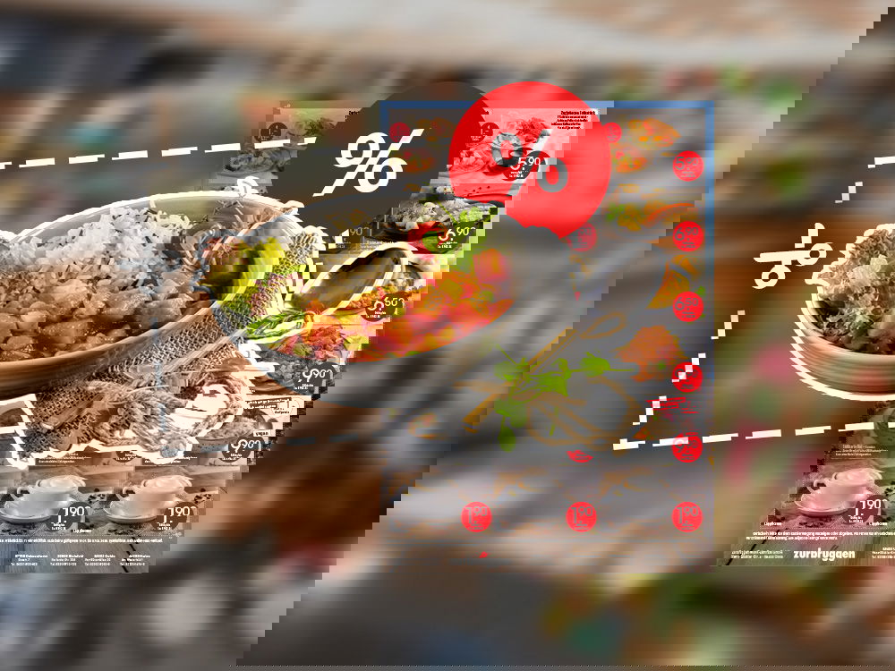 Werbeplakat mit Coupons und Gericht mit Reis, Gemüse und Sauce vor Restauranthintergrund.