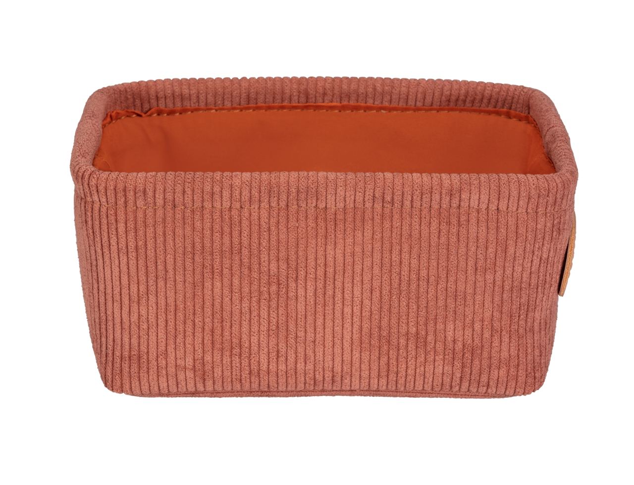 Rechteckiger Badkorb Anela mini in einem warmen Rostton, aus geripptem Stoff, mit offener Oberseite, frontal abgebildet.