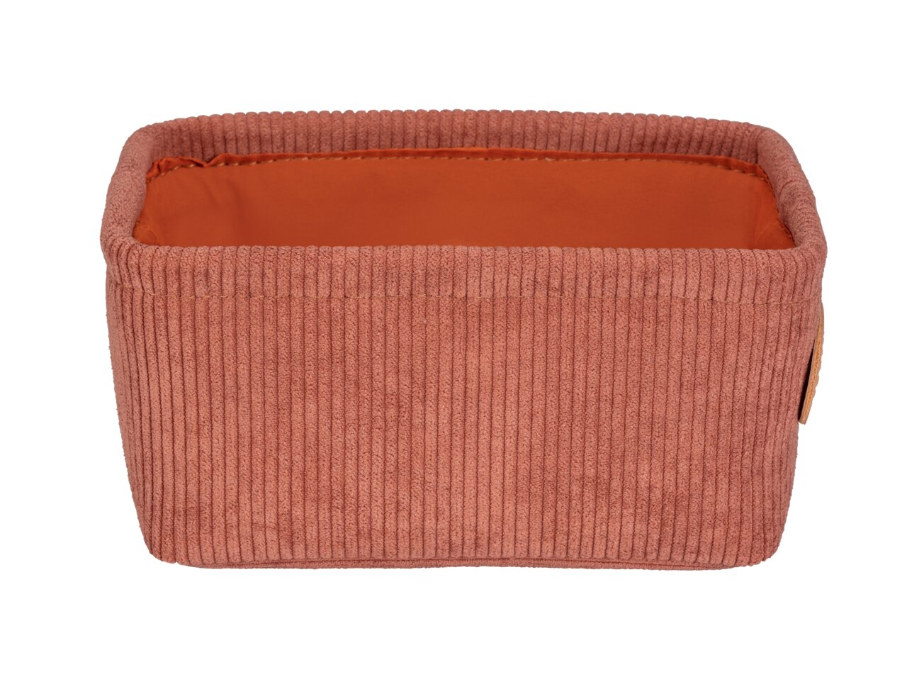 Rechteckiger Badkorb Anela mini in einem warmen Rostton, aus geripptem Stoff, mit offener Oberseite, frontal abgebildet.