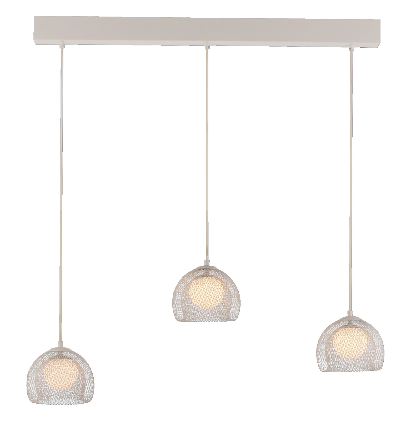 Hanglamp met drie lampen, voorzien van een lange kap en drie witte, koepelvormige lampenkappen van draadgaas, met een warme lichtkleur; vooraanzicht, licht van onderaf gefotografeerd tegen een grijze achtergrond