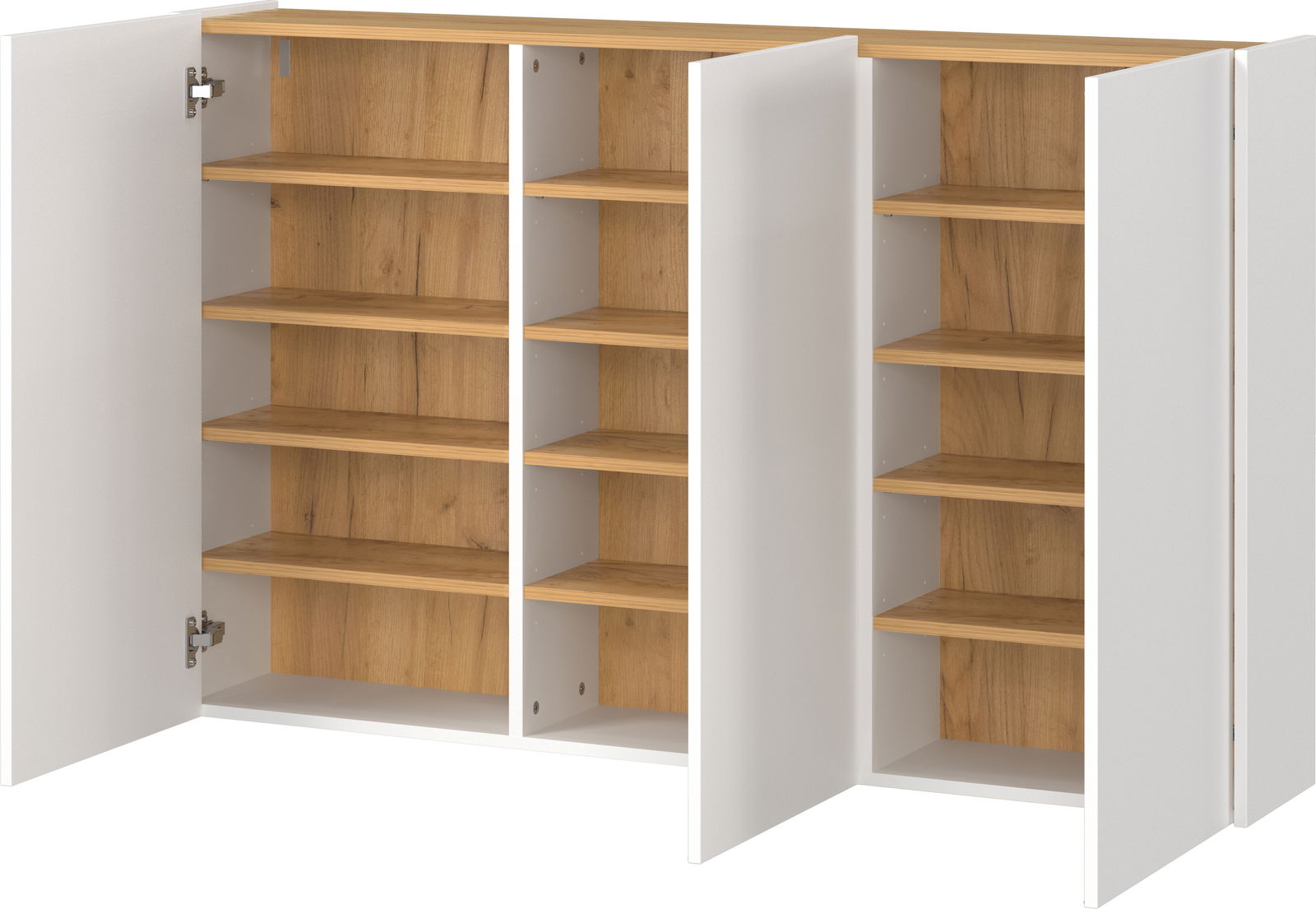 Mehrzweckschrank mit offenen Türen, zeigt mehrere Regalböden aus Holz, Perspektive von vorne.
