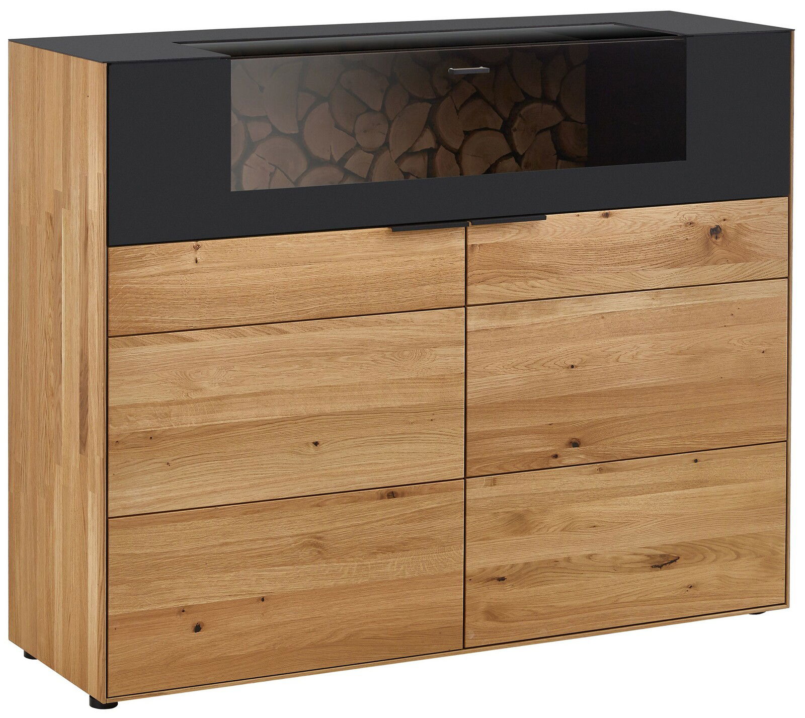 Frontansicht eines modernen Highboards aus Holz mit schwarzem Akzent und Glaseinsatz, der Holzscheite zeigt.