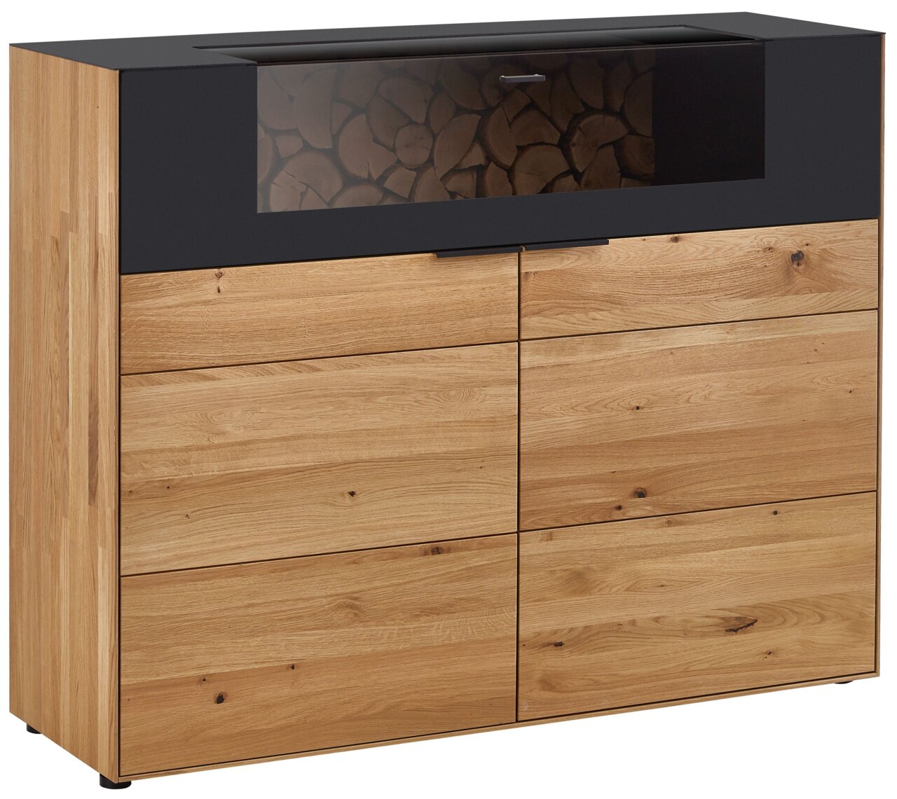 Frontansicht eines modernen Highboards aus Holz mit schwarzem Akzent und Glaseinsatz, der Holzscheite zeigt.