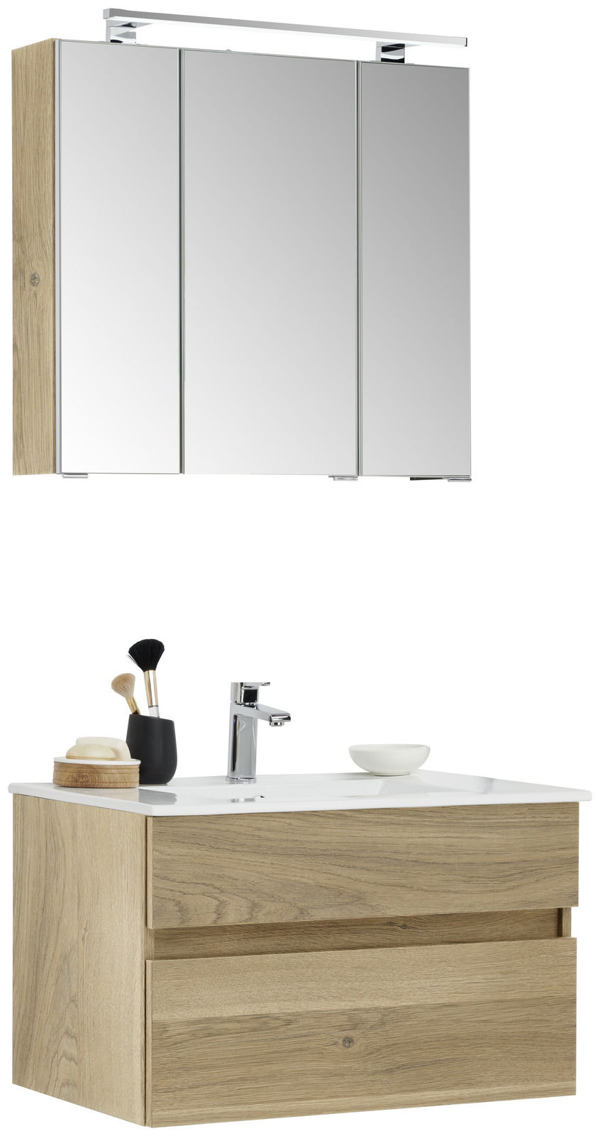 Badezimmermöbel-Set mit Spiegelschrank und Waschtisch in Holzoptik, seitliche Perspektive