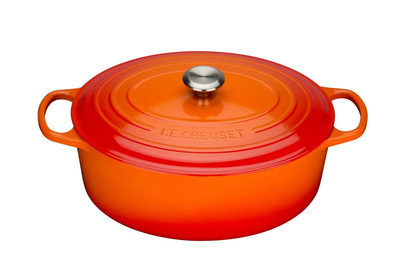LE CREUSET Bräter 35cm Ofenrot SIGNATURE Ovaler Bräter in Ofenrot von Le Creuset, seitliche Perspektive