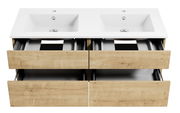Frontansicht einer Badkombination mit zwei Waschbecken und vier Holzschubladen.